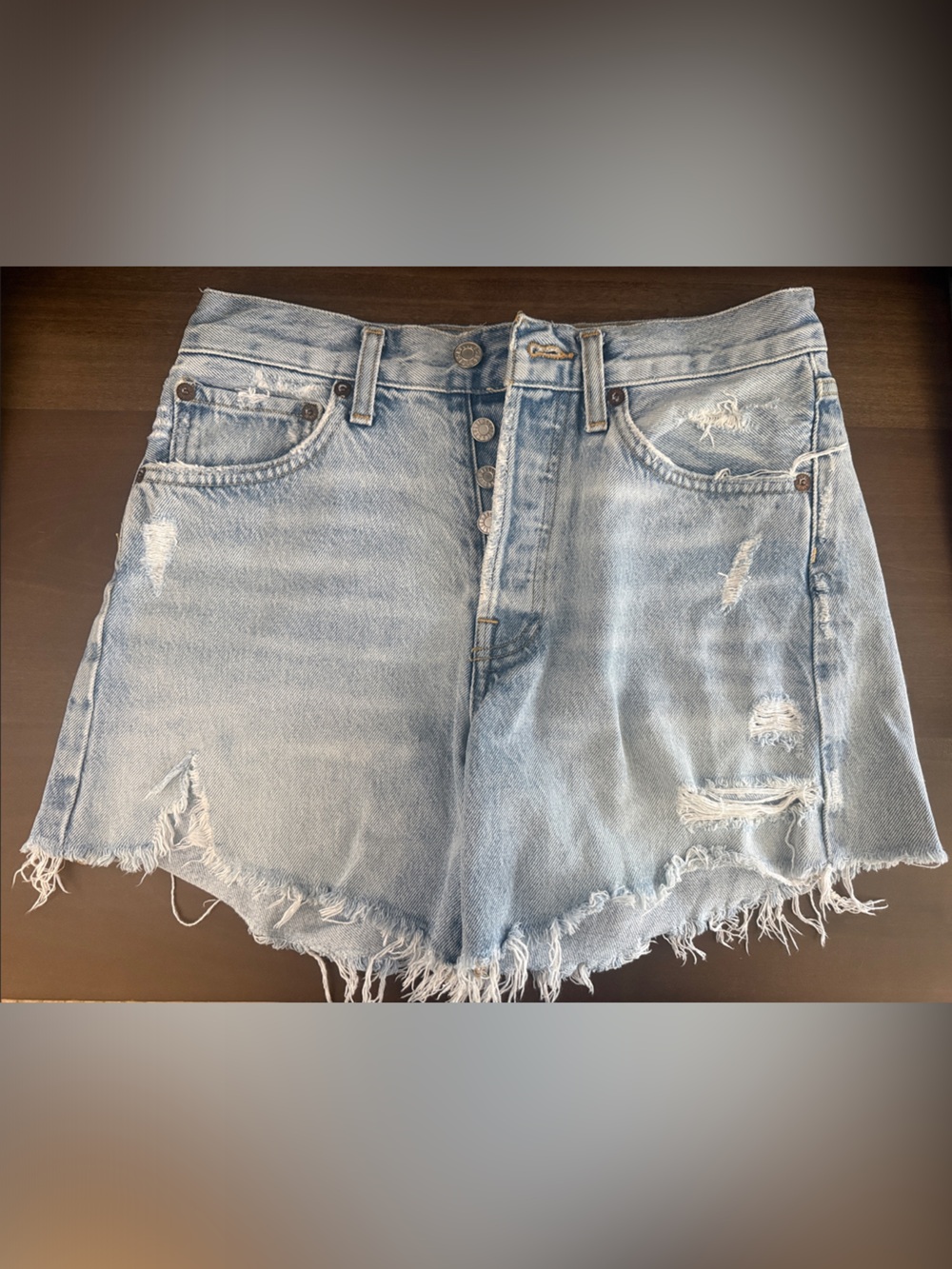 AGOLDE Light Blue Distressed High-Rise Denim Shorts